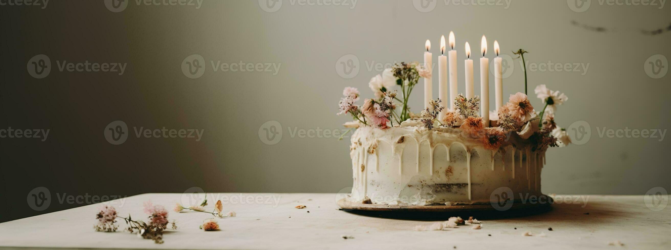 generativ ai, födelsedag skön kaka med blommor och ljus, estetisk dämpad färger foto