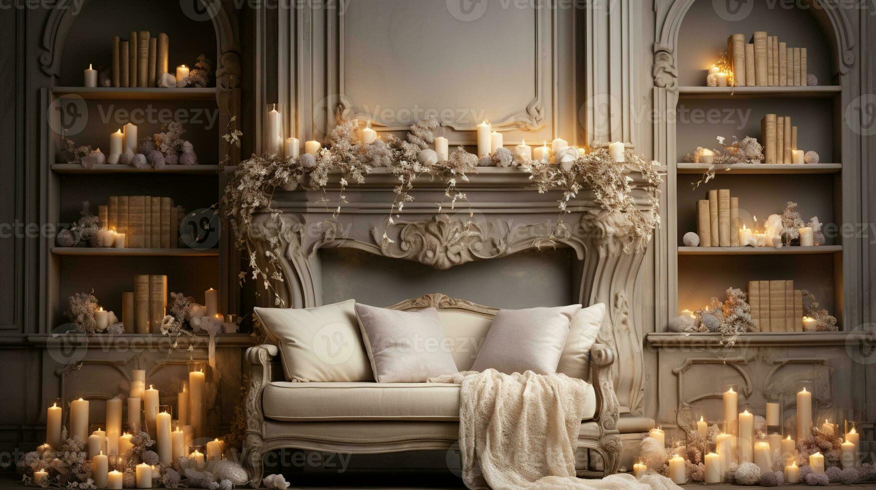 generativ ai, lyx beige interiör med jul gyllene och vit dekoration foto