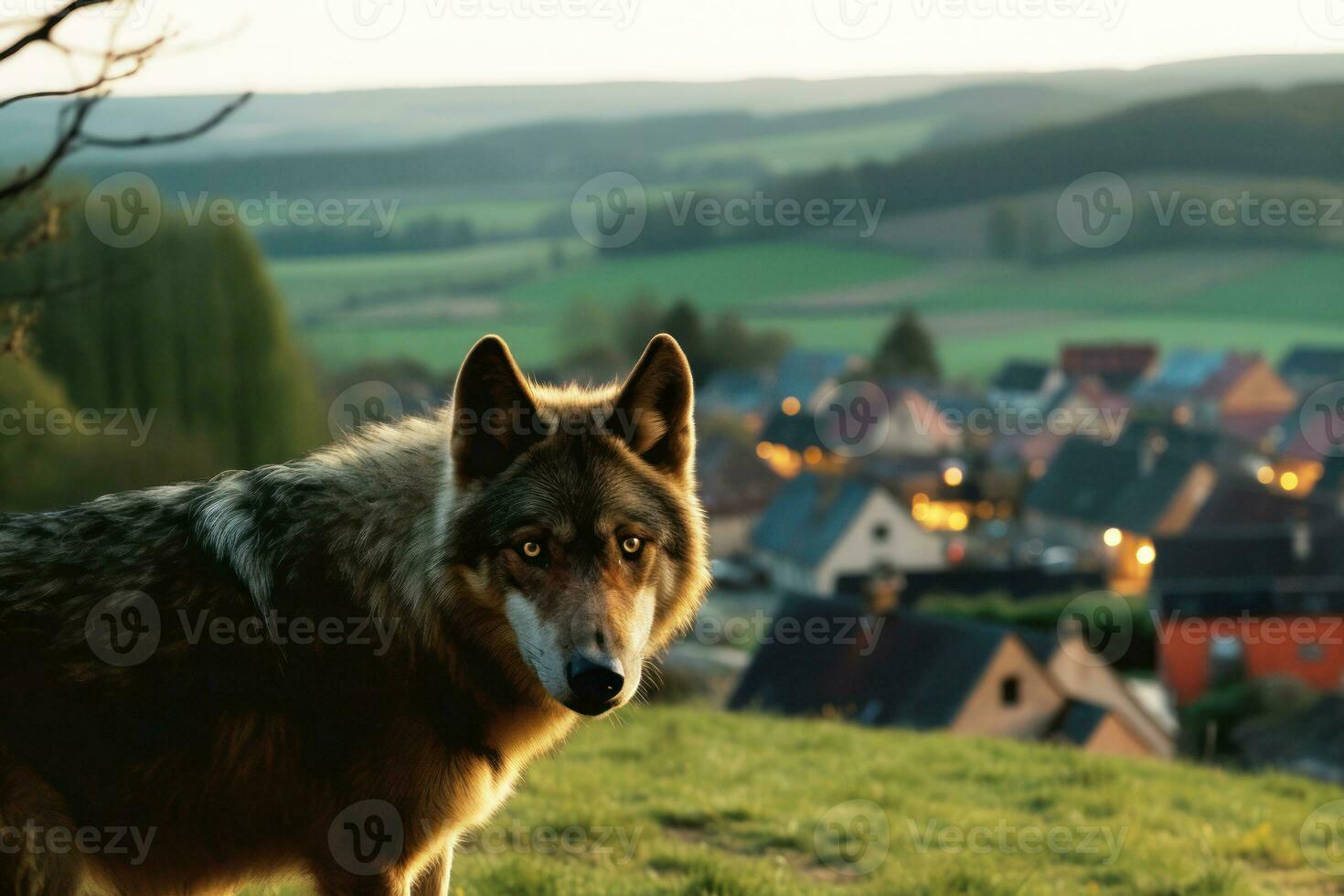 stor, arg och hungrig Varg i landsbygden by område. generativ ai foto