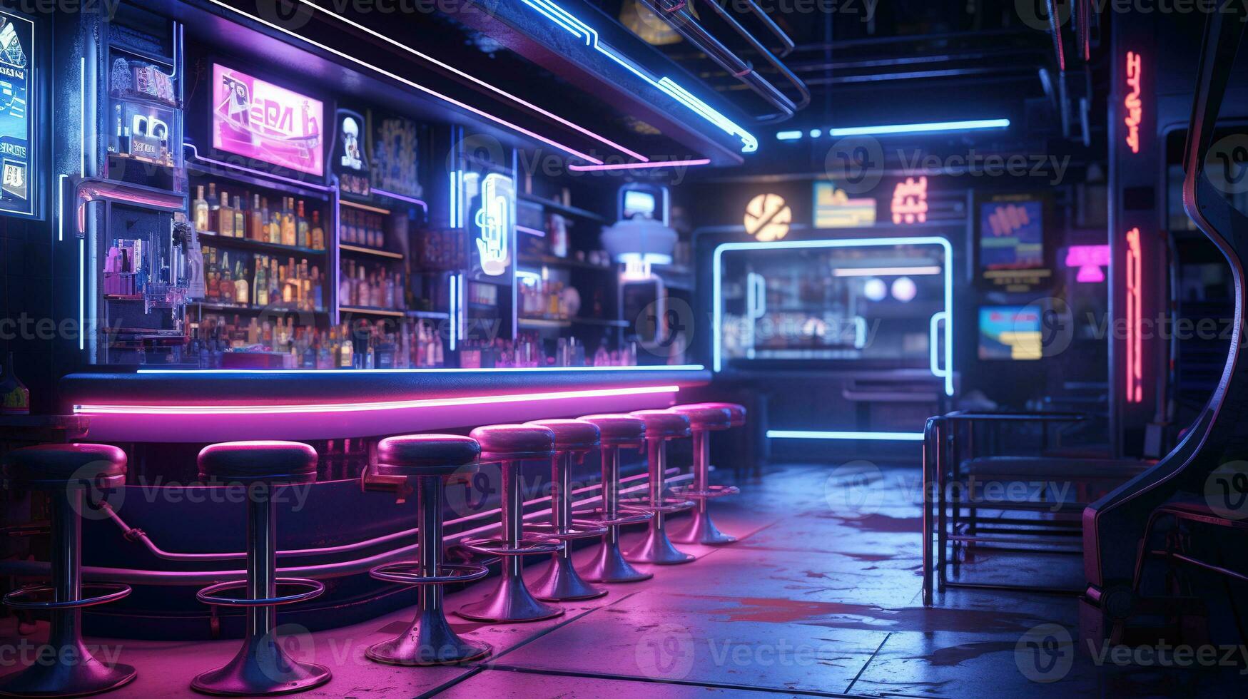 generativ ai, cyberpunk stil bar eller Kafé. natt scen av stor stad, trogen nostalgisk 80-tal, 90-tal. neon lampor vibrerande färger, fotorealistisk horisontell illustration. foto