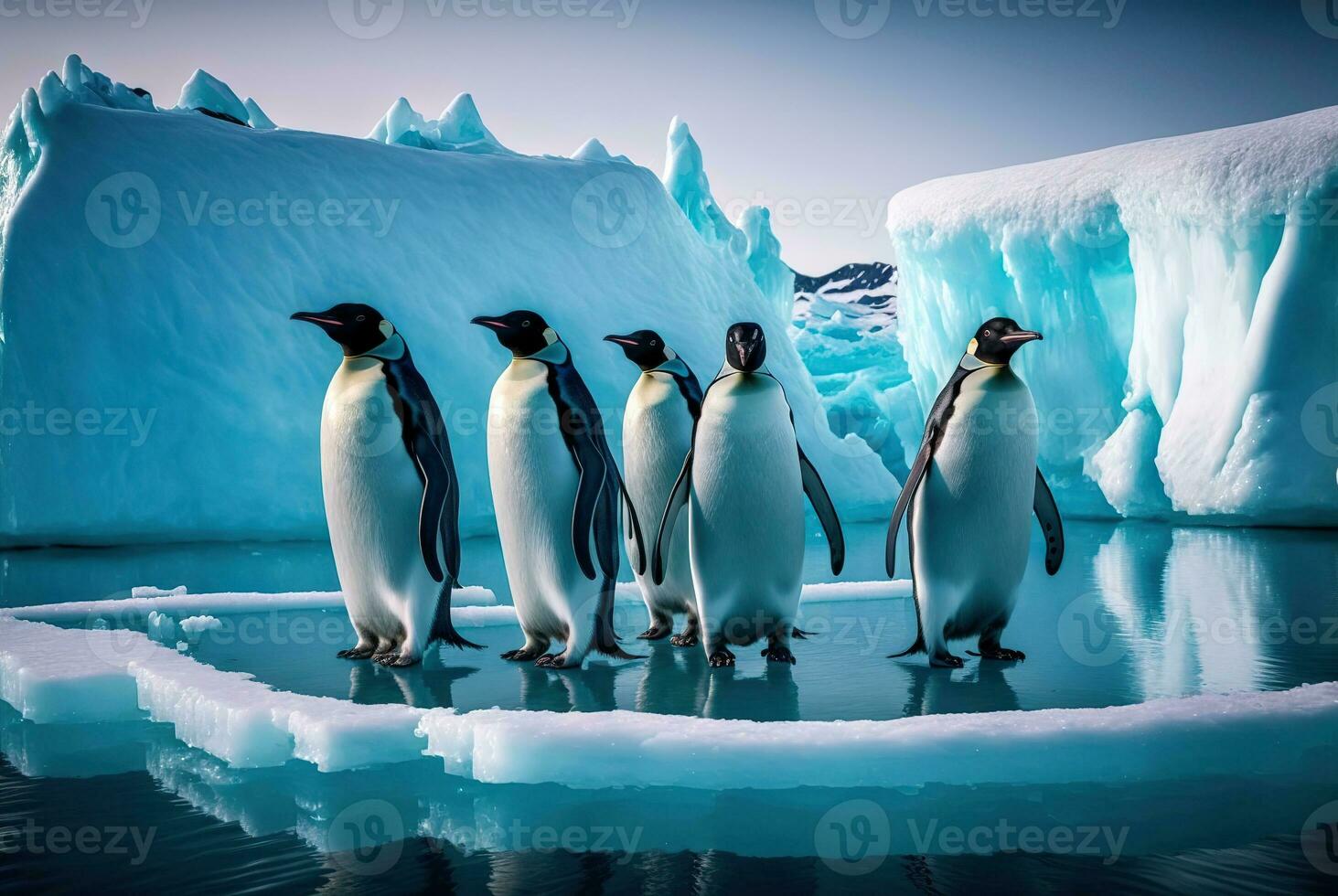 pingvin grupp på smältande isberg, global uppvärmning. generativ ai foto