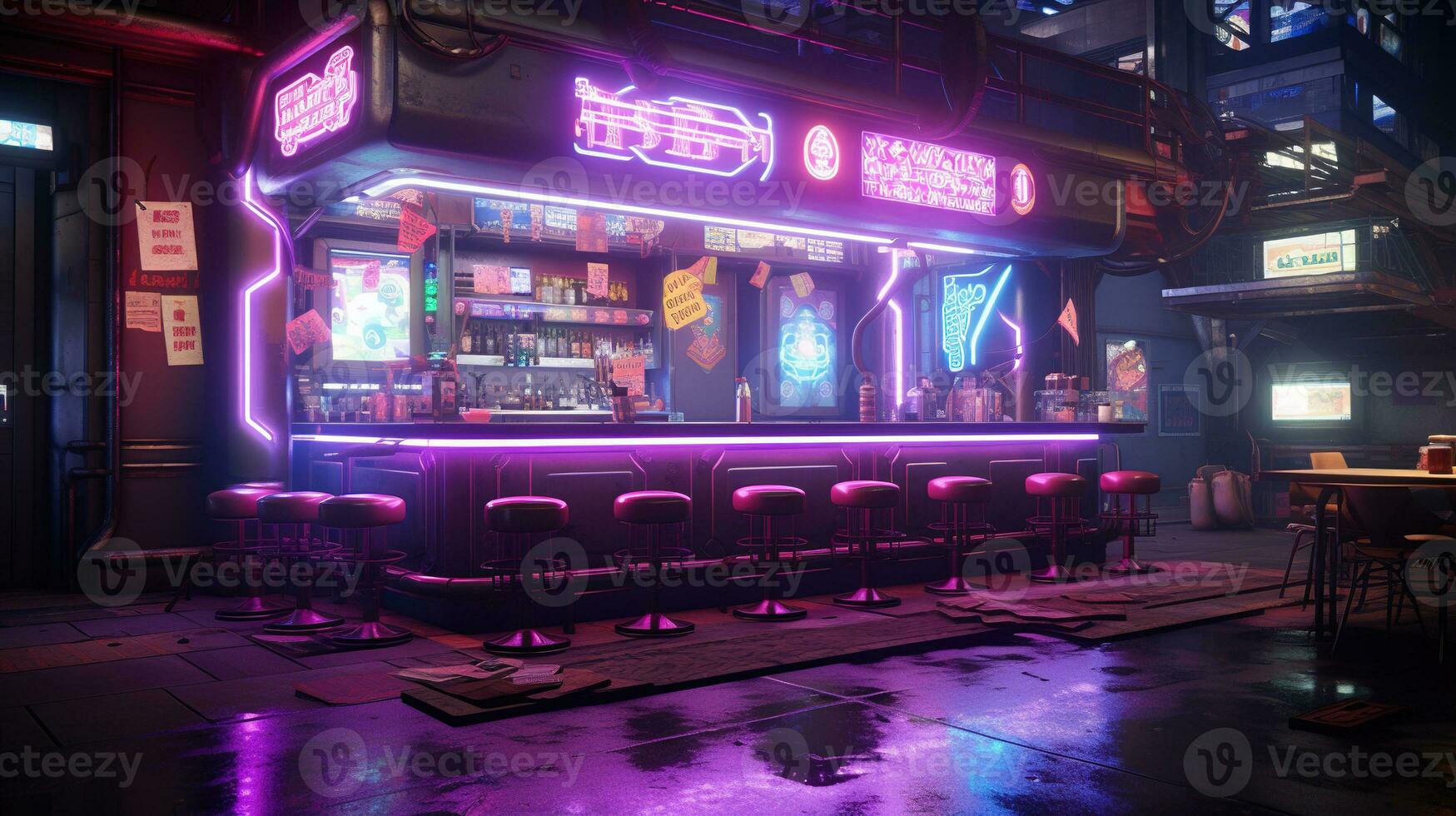 generativ ai, cyberpunk stil bar eller Kafé. natt scen av stor stad, trogen nostalgisk 80-tal, 90-tal. neon lampor vibrerande färger, fotorealistisk horisontell illustration. foto