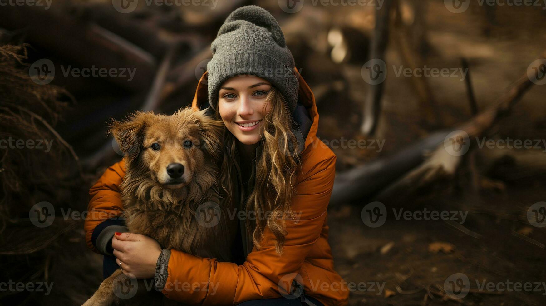 ung kvinna i orange jacka med en hund i de höst skog. foto