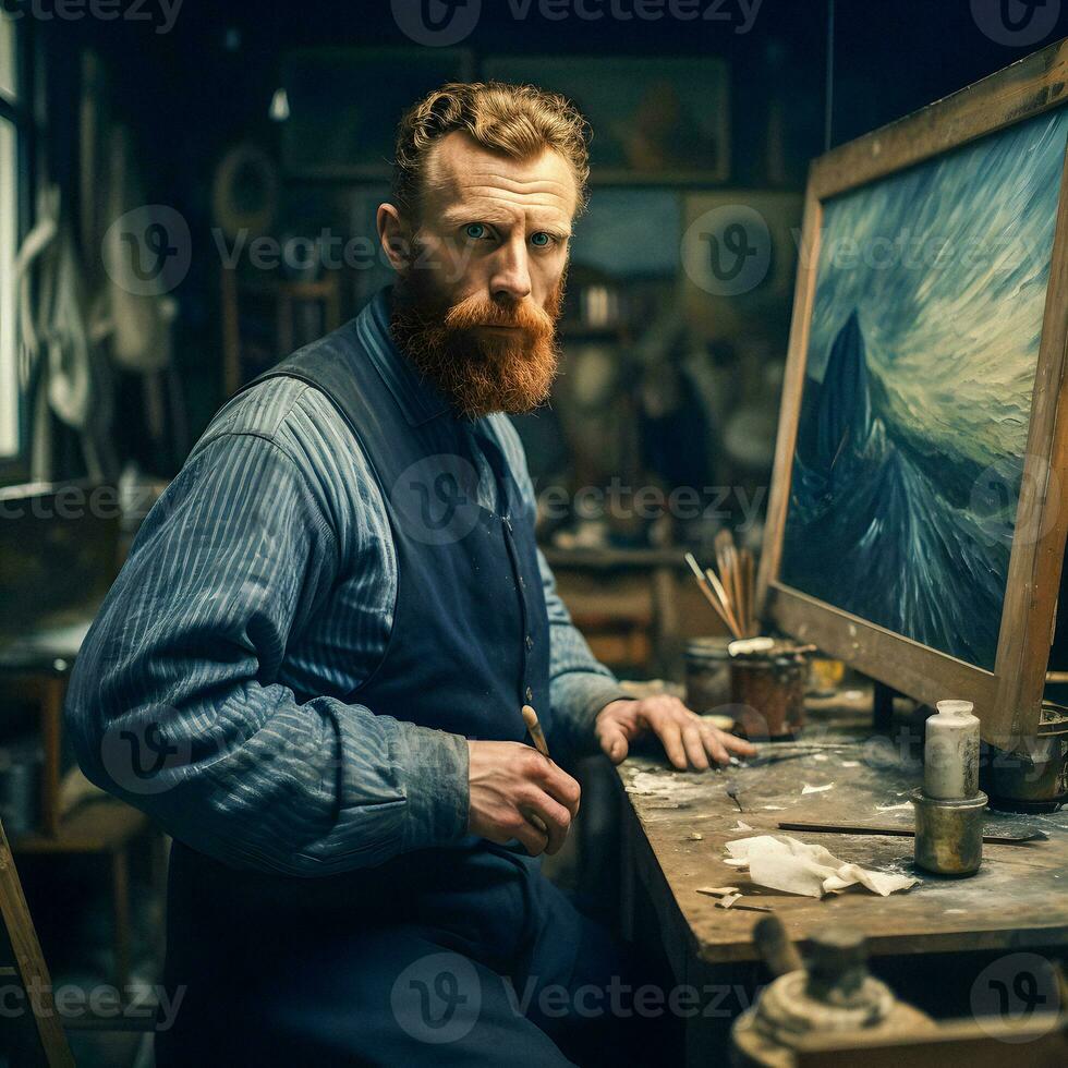 modern porträtt av vincent skåpbil gogh i hans konstnär studio generativ ai foto