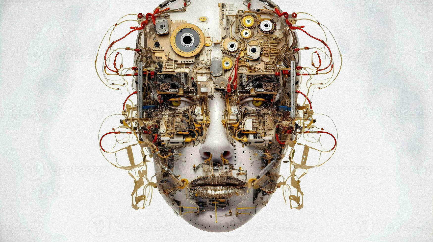 cybernetiska skönhet trogen kvinna ansikte sammansatt av kretsar och elektronisk komponenter, skapas förbi ai foto