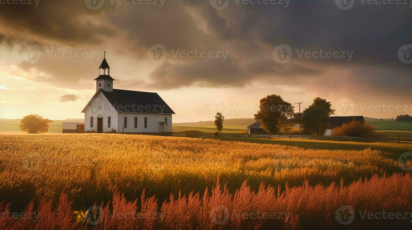 en vit trä- amerikan protestant kyrka i de fält generativ ai foto