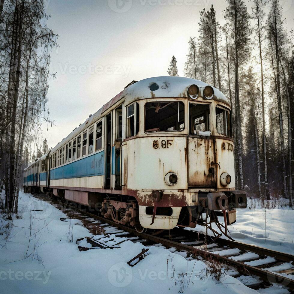 ensamhet i snö övergiven tåg mitt i vinterns omfamning generativ ai foto