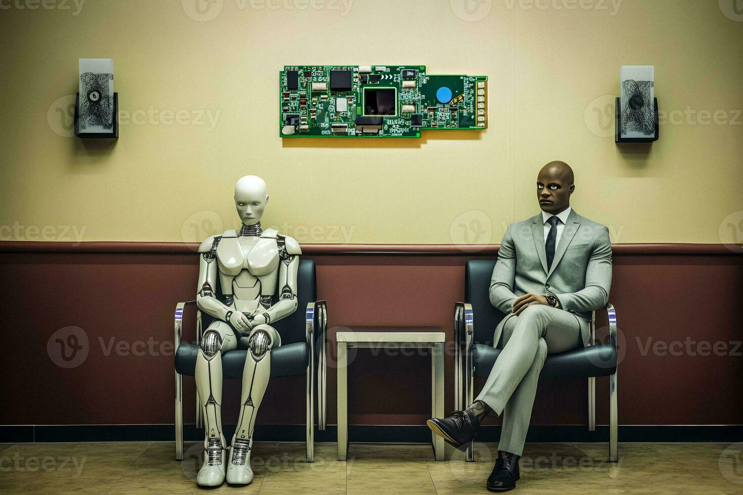 de synergi av man och maskin man och robot i en midjan rum generativ ai foto