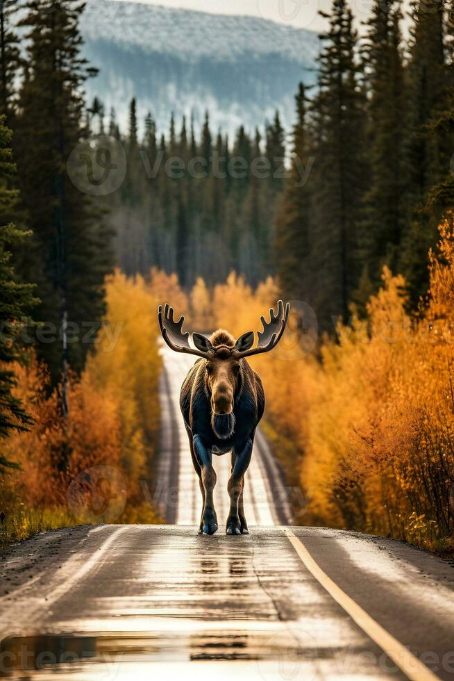 magnifik älg i höst på de väg generativ ai foto