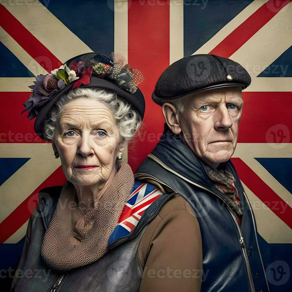 äldre brittiskt par med union domkraft flagga, generativ ai foto