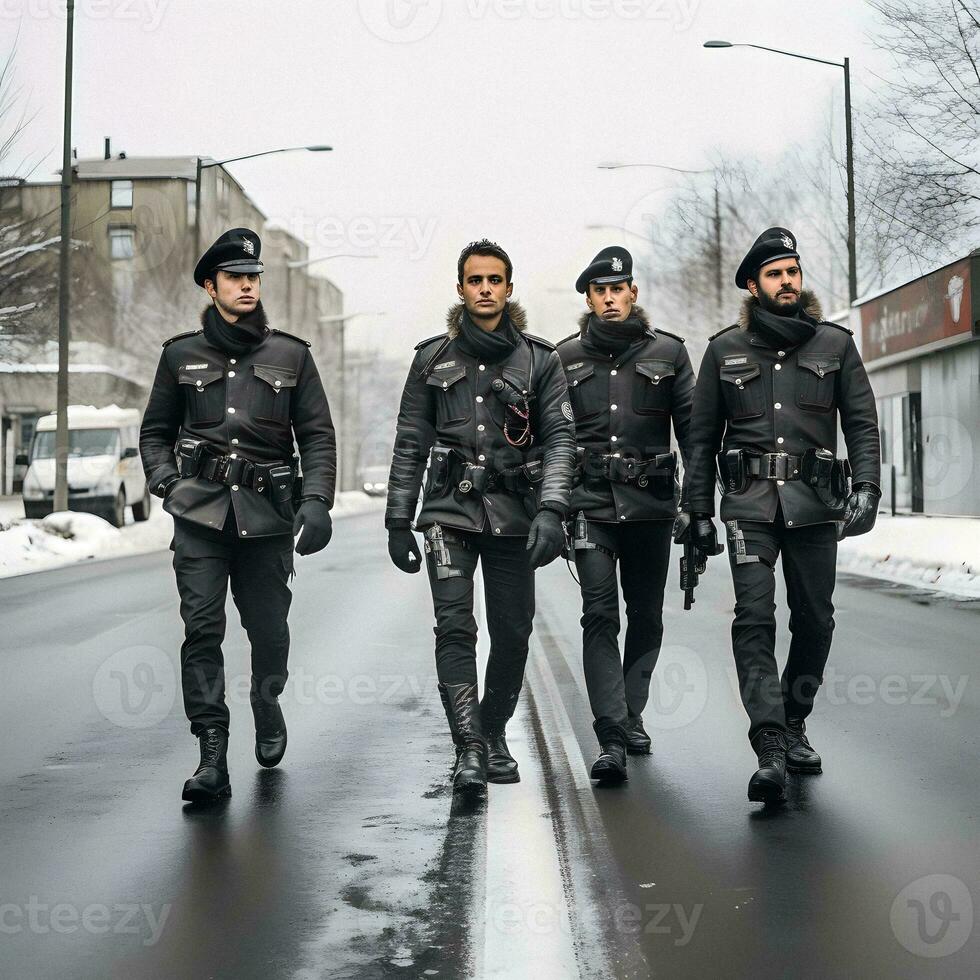 fyra militant polis kommenderar i helt svart klädsel oroande och störande scen. generativ ai. foto