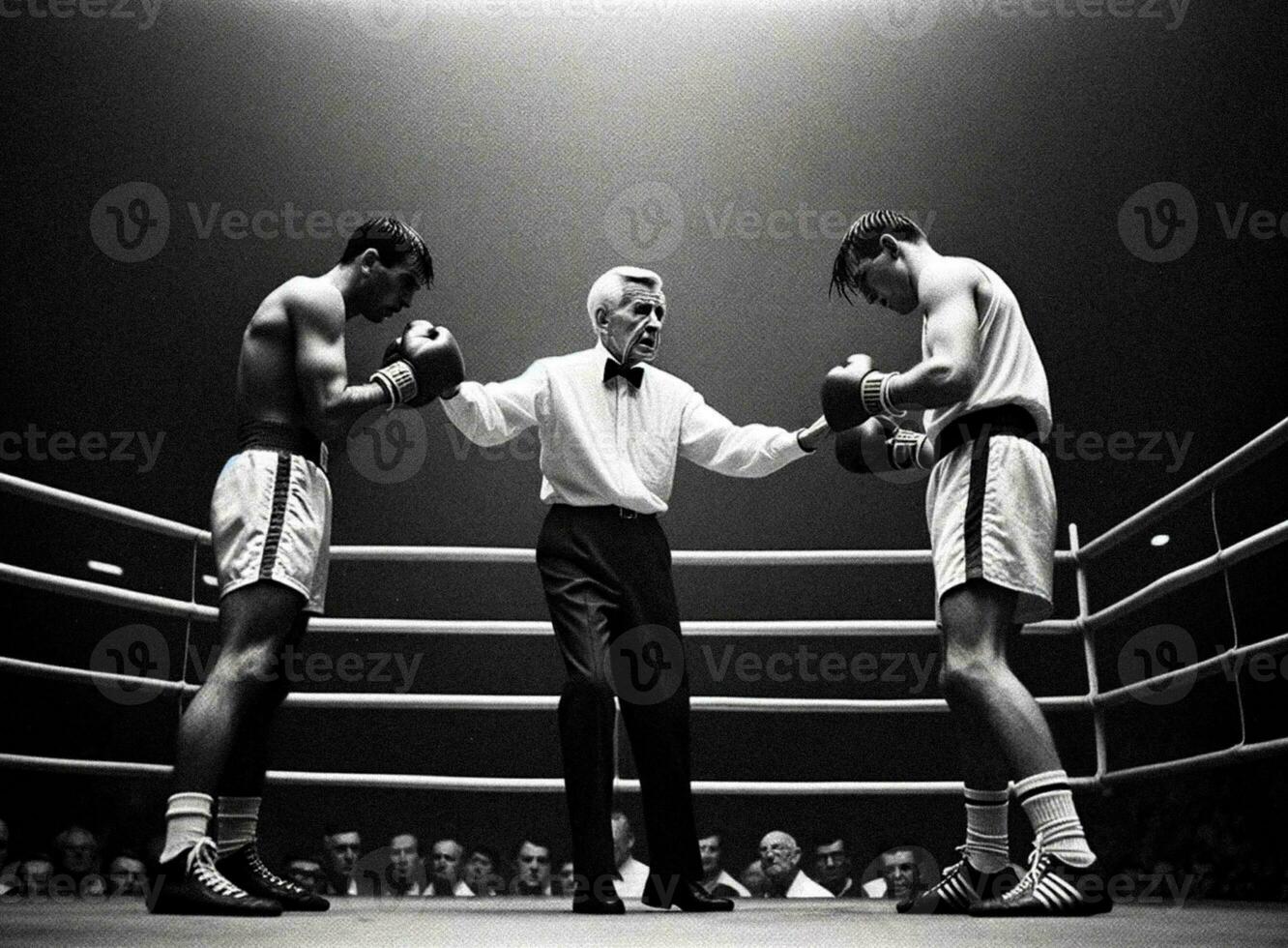 bekämpa början domare i de mitten ger instruktioner - svart och vit ai-genererad boxning Foto