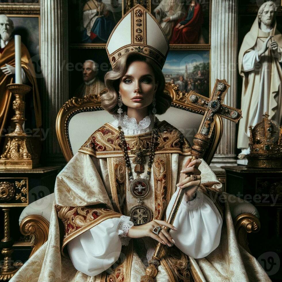 historisk ögonblick ung kvinna vald påve i katolik regalier. generativ ai foto