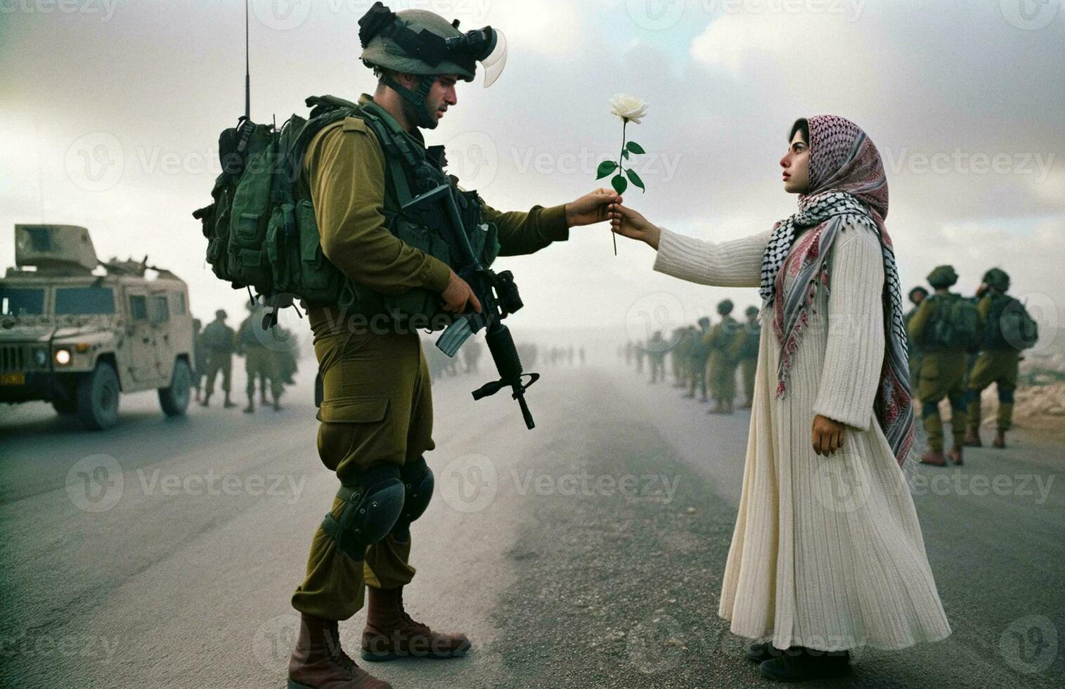 palestinsk kvinna erbjudande fred blomma till israeli soldat. generativ ai. foto