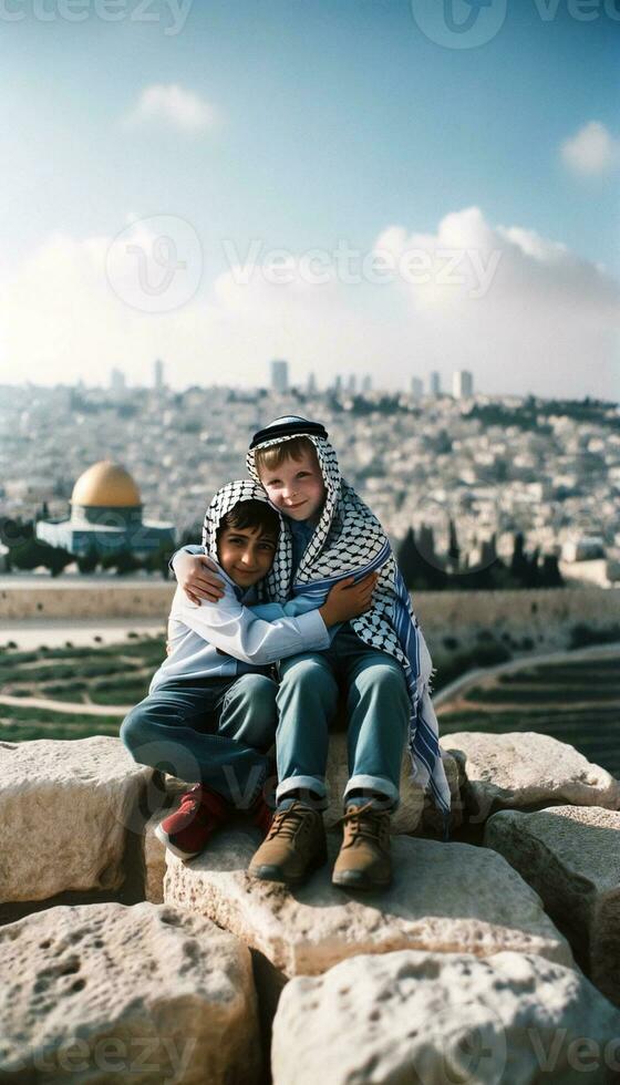 symbol av fred jewish och palestinsk vänner i jerusalem. generativ ai foto