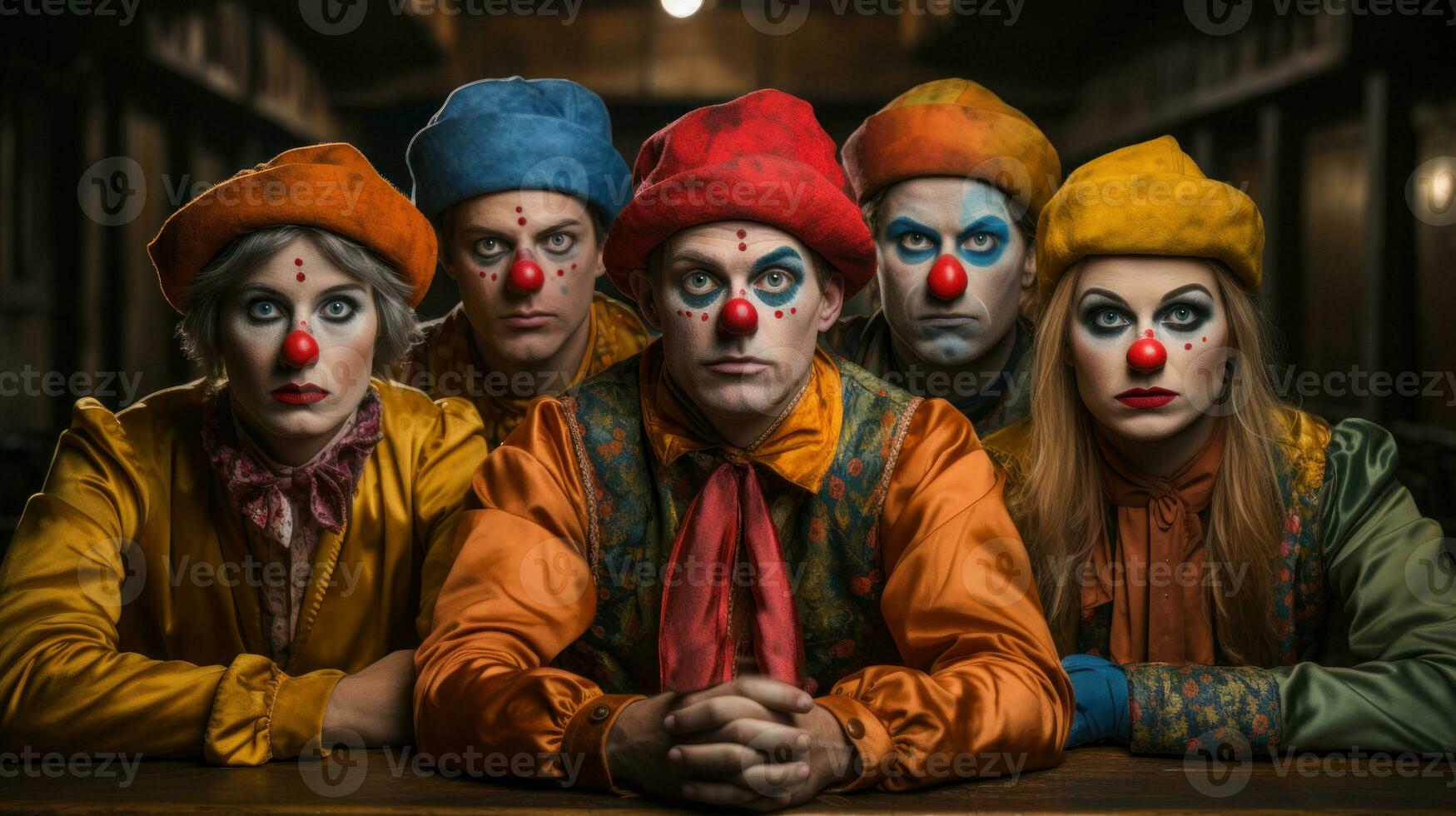 porträtt av en grupp av allvarlig clowner Sammanträde tillsammans. foto