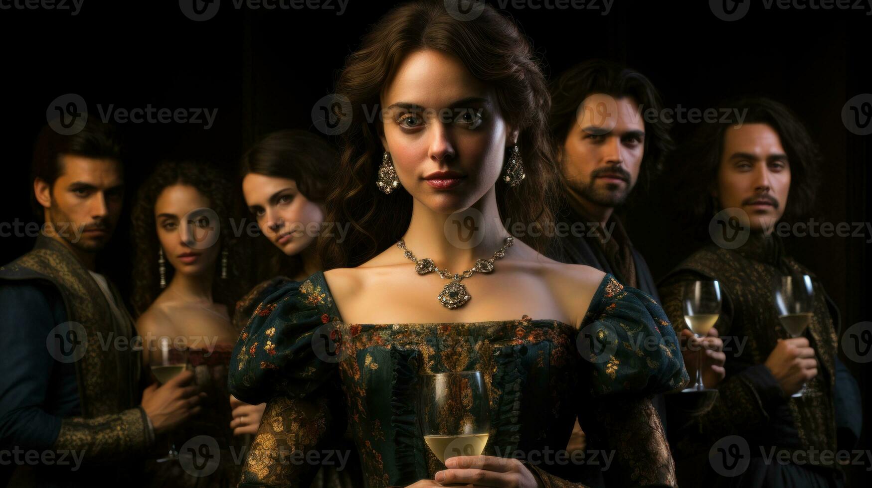 porträtt av skön kvinna i medeltida klänning med glas av vin ser på kamera. bio aktörer av gammal epoker, modernitet och renässans, barock stil. foto