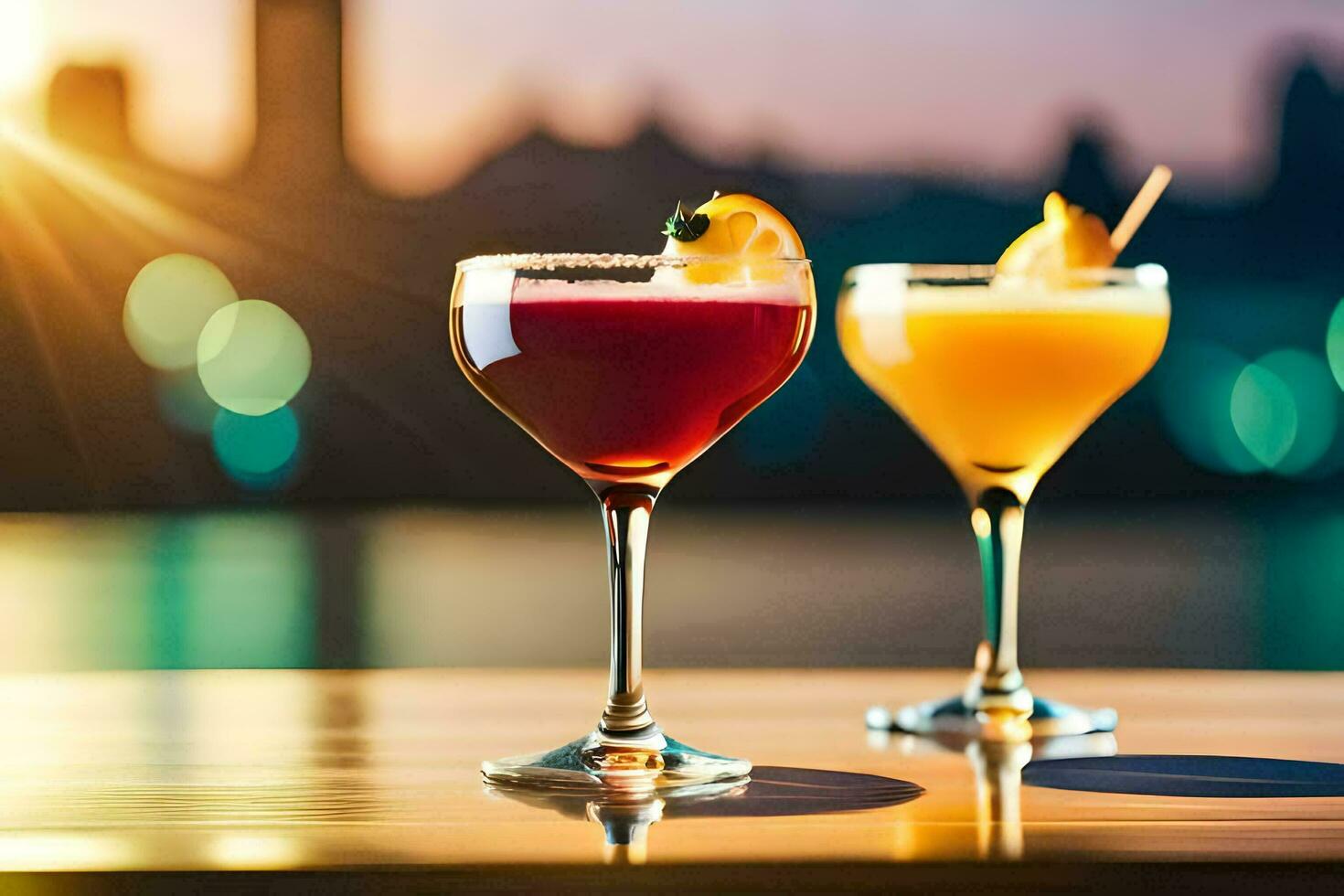 två cocktails sitta på en tabell med en stad horisont i de bakgrund. ai-genererad foto