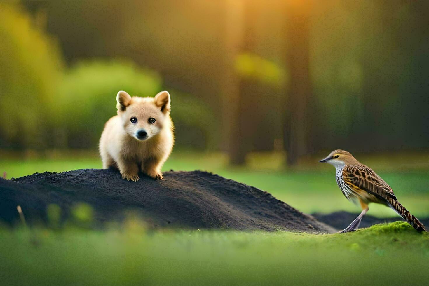 en räv och en fågel i de skog. ai-genererad foto