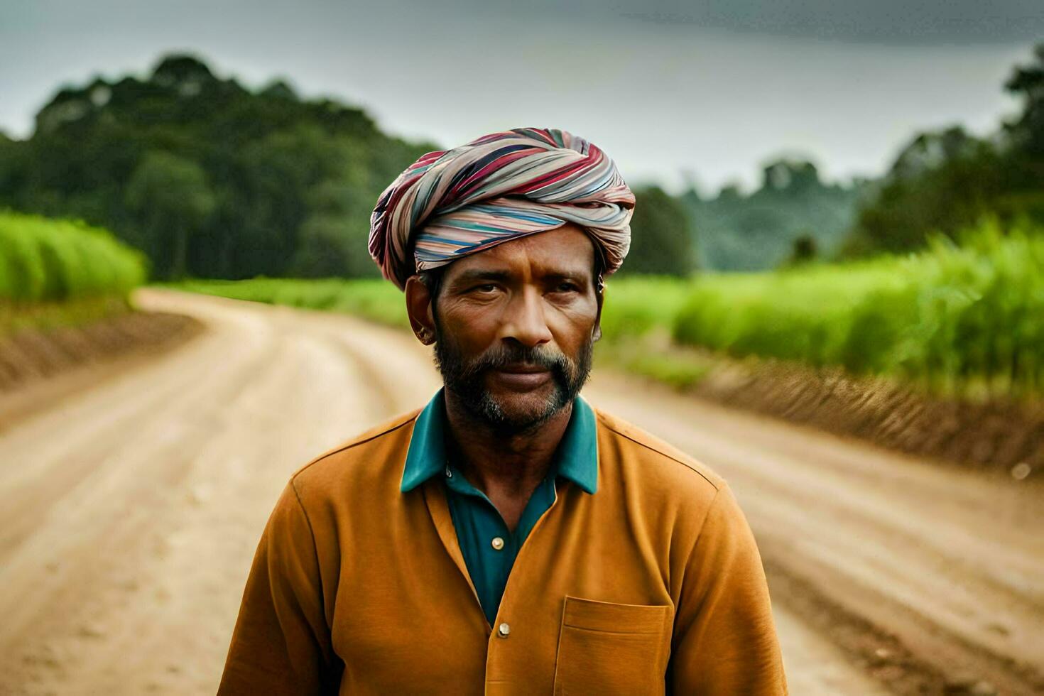 en man i en turban stående på en smuts väg. ai-genererad foto