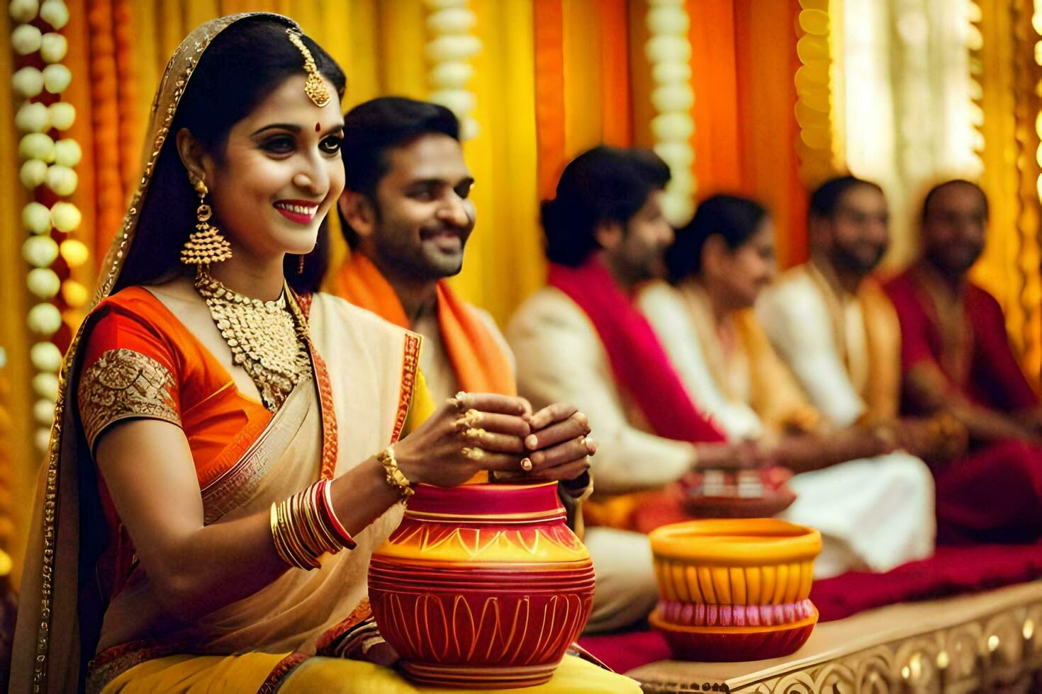 en kvinna i ett indisk bröllop klänning är innehav en pott. ai-genererad foto