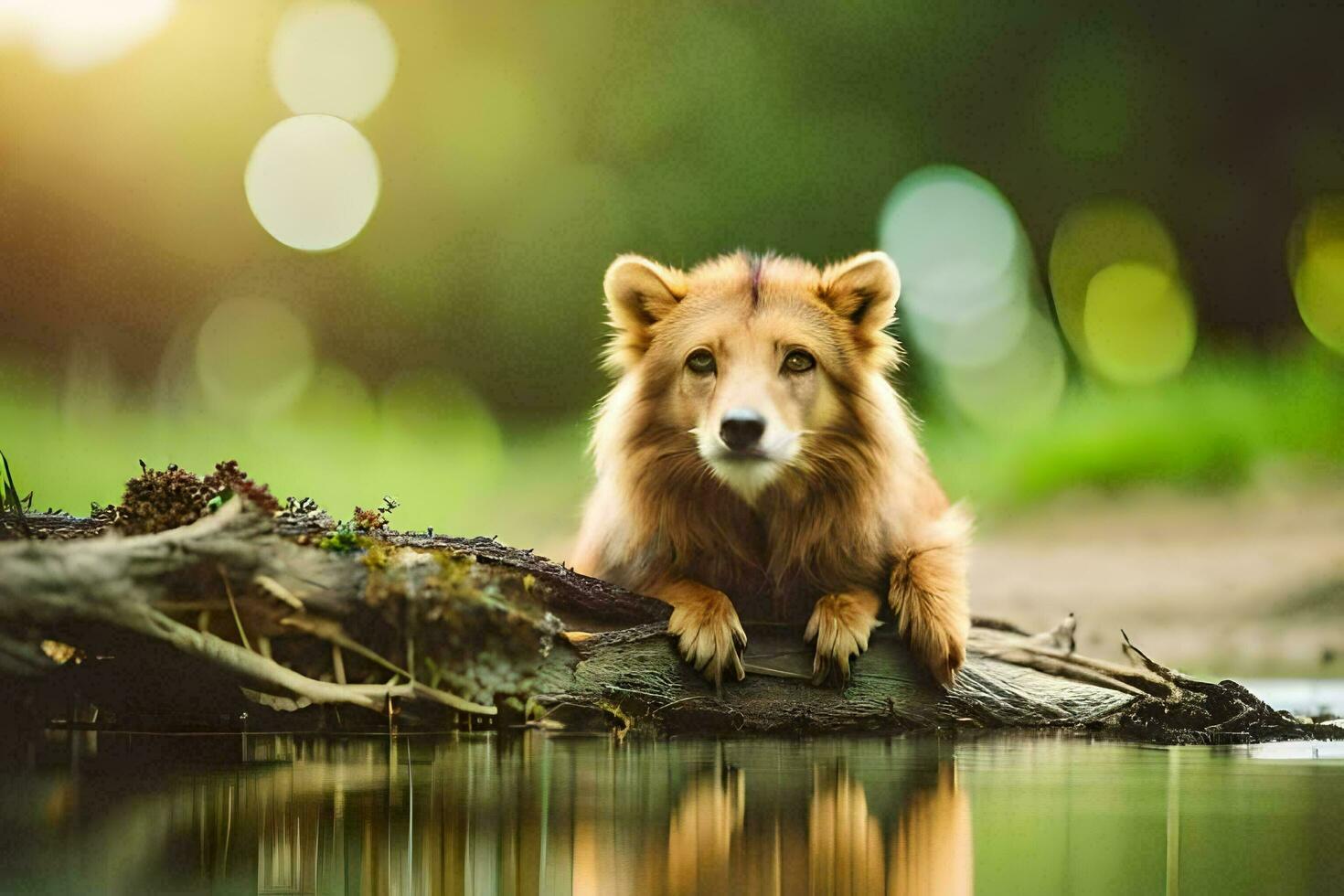 en hund Sammanträde på en logga i de vatten. ai-genererad foto