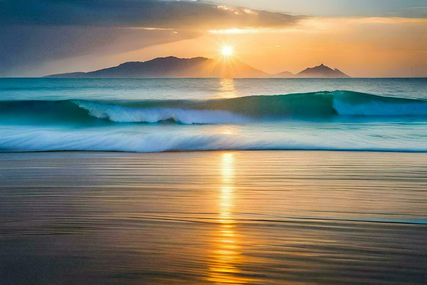 solnedgång på de strand med vågor och bergen i de bakgrund. ai-genererad foto