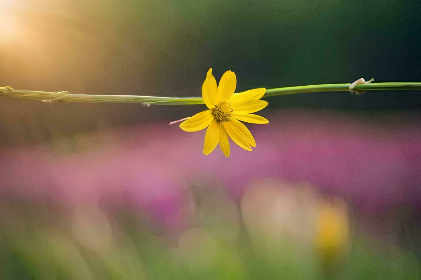 en enda gul blomma är på en gren i främre av en fält. ai-genererad foto