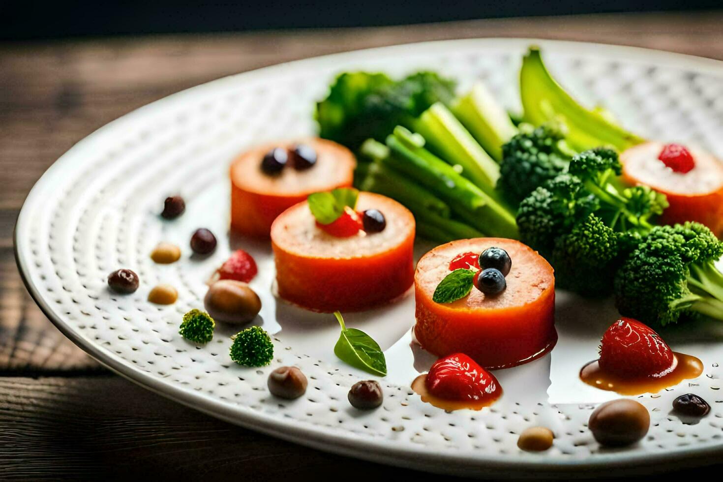 en tallrik med broccoli, morötter och jordgubbar. ai-genererad foto