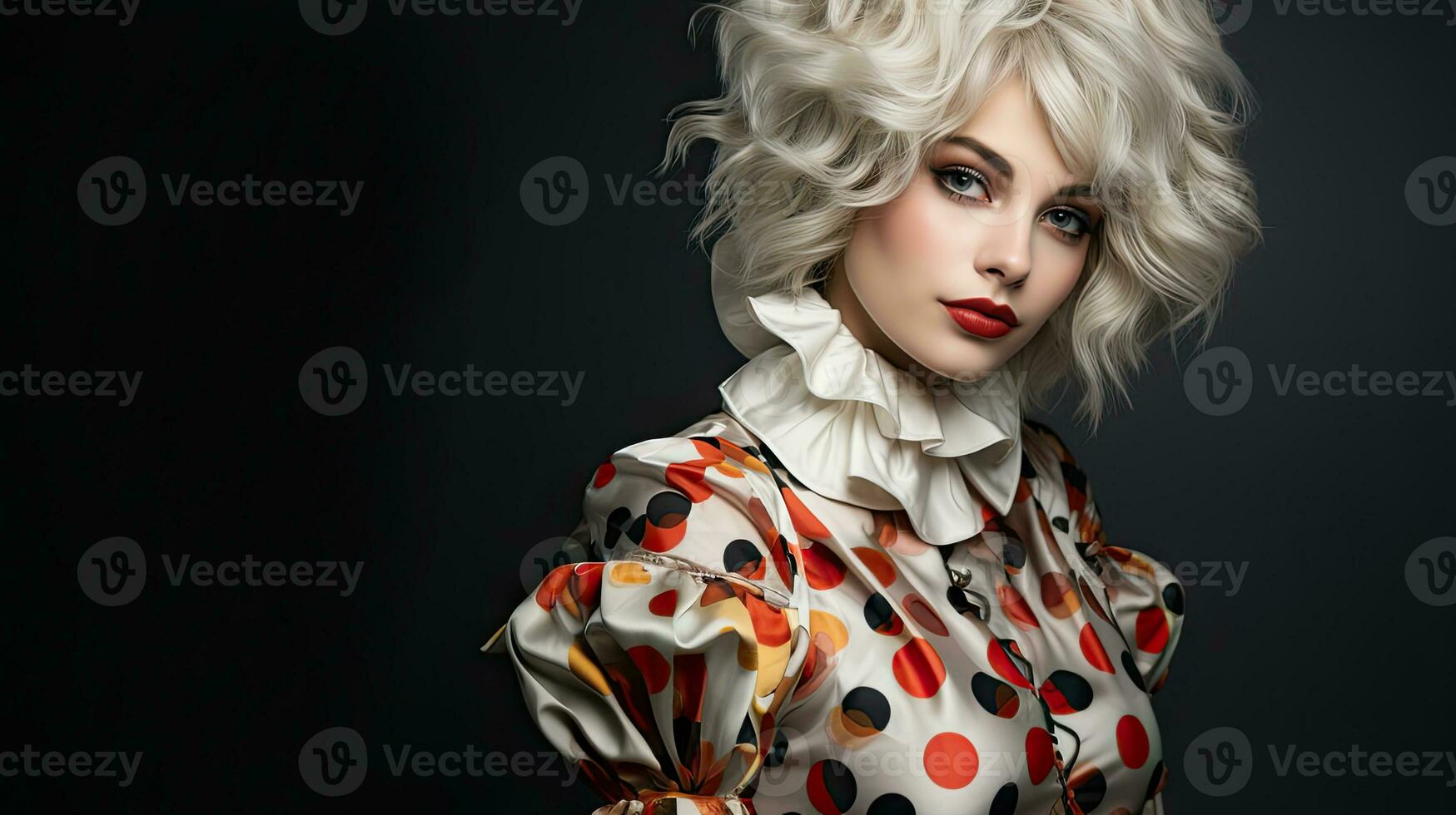 mode porträtt av skön ung kvinna med lockigt blond hår och ljus smink i polka punkt kostym. foto