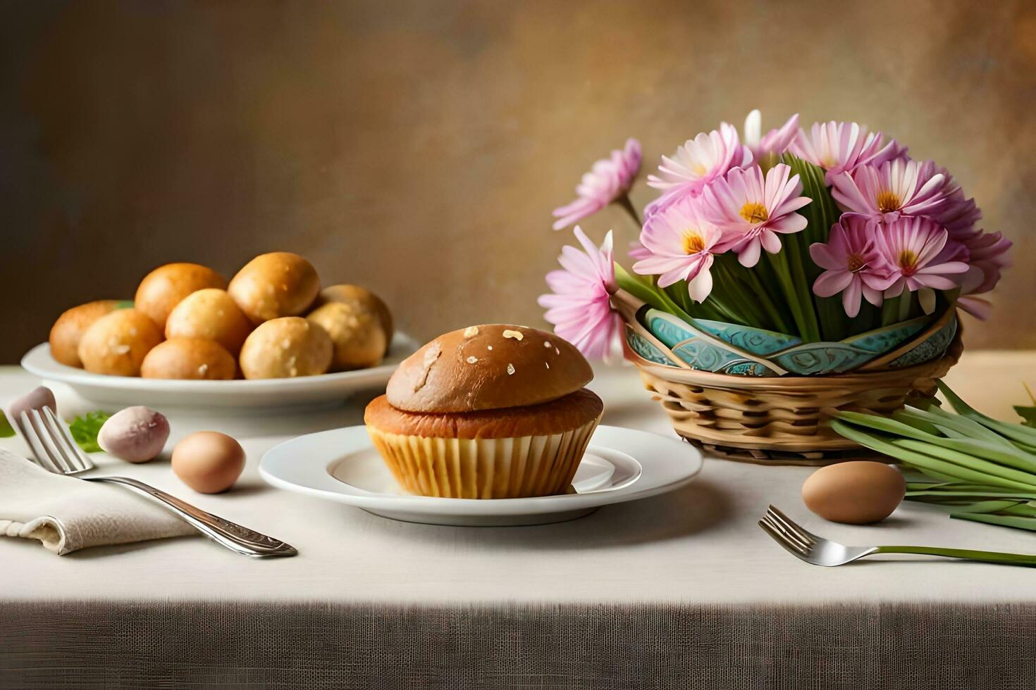 en tabell med en cupcake, ägg och blommor. ai-genererad foto