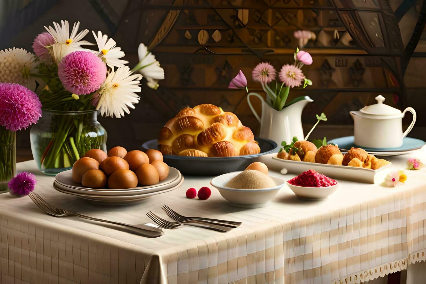 en tabell med blommor och mat på Det. ai-genererad foto