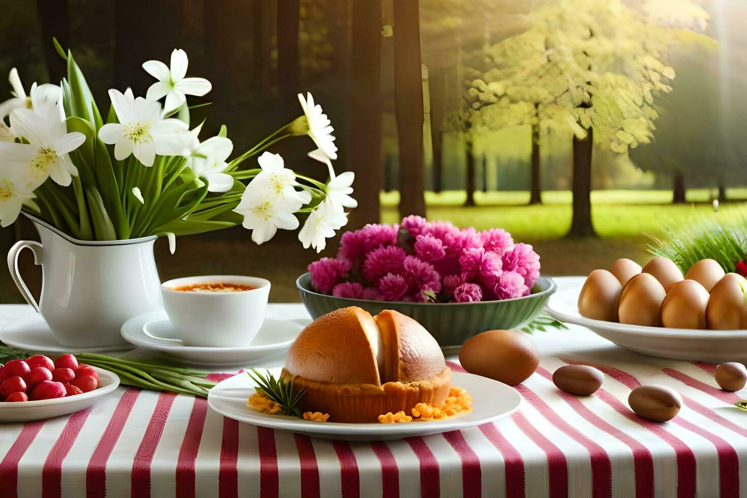 en tabell med blommor, ägg, och Övrig mat. ai-genererad foto