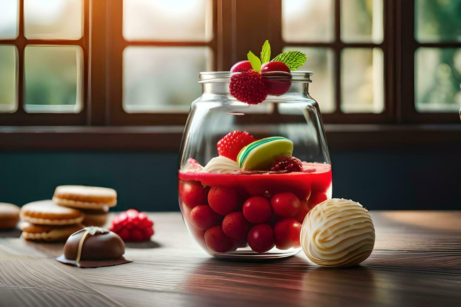 en glas burk fylld med frukt och småkakor. ai-genererad foto