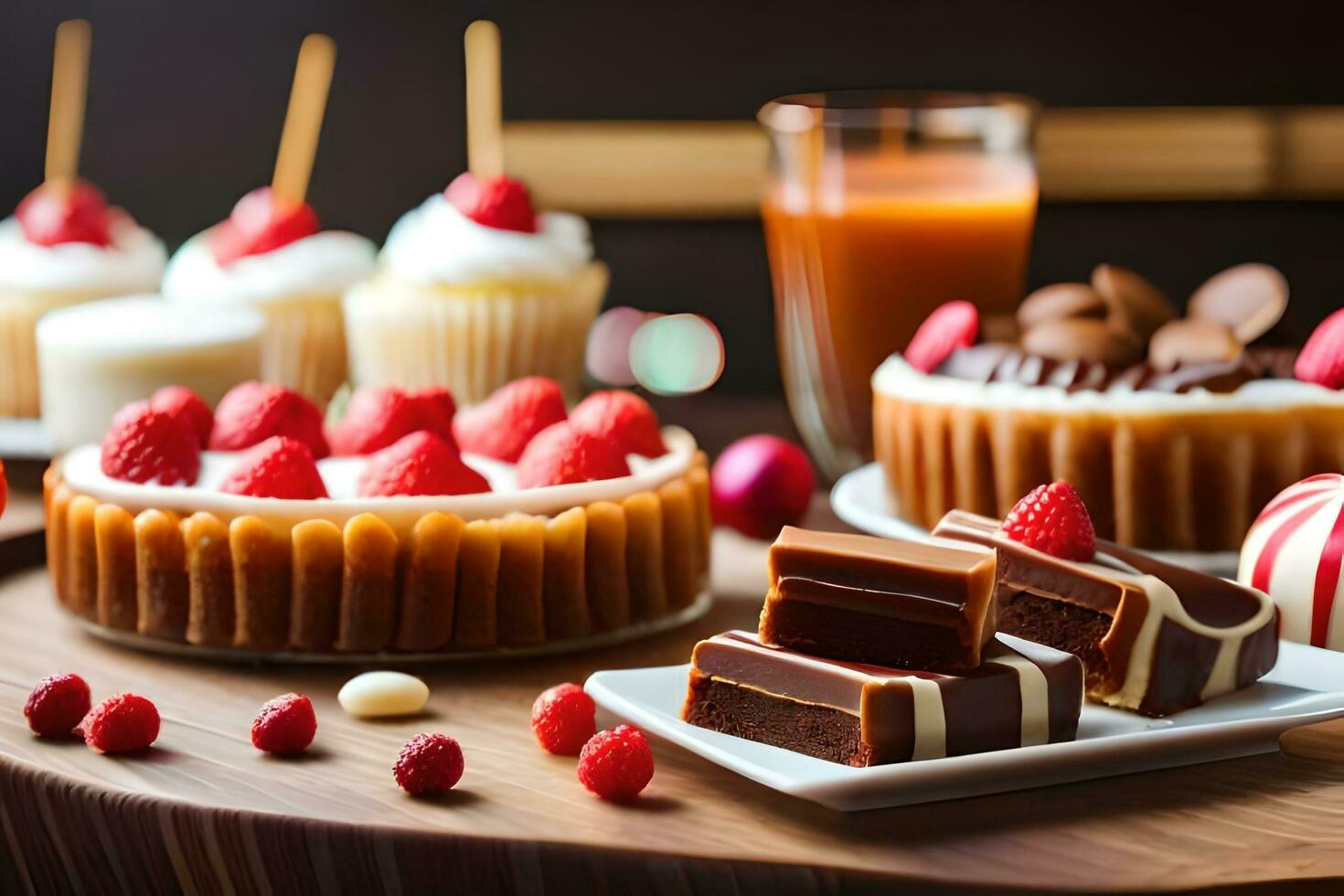 olika desserter på en tabell med choklad och hallon. ai-genererad foto