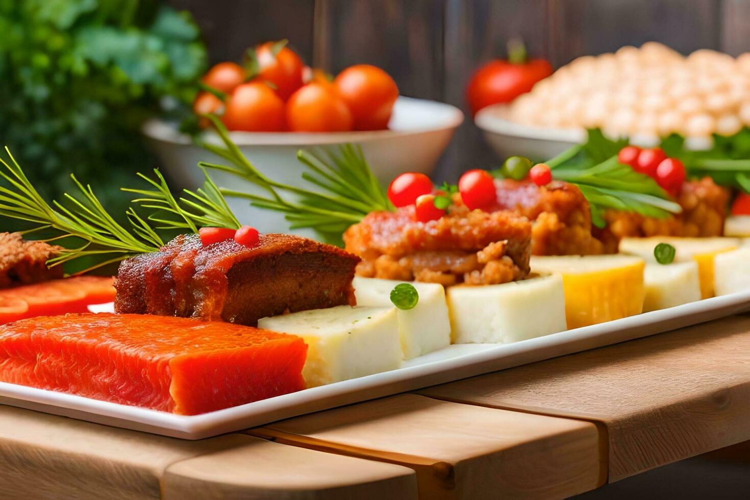 en tallrik av mat med kött, ost och grönsaker. ai-genererad foto