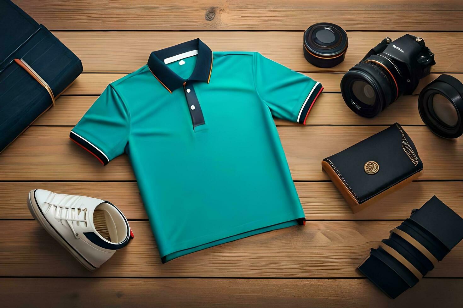 en grön polo skjorta, kamera, skor och Övrig föremål. ai-genererad foto