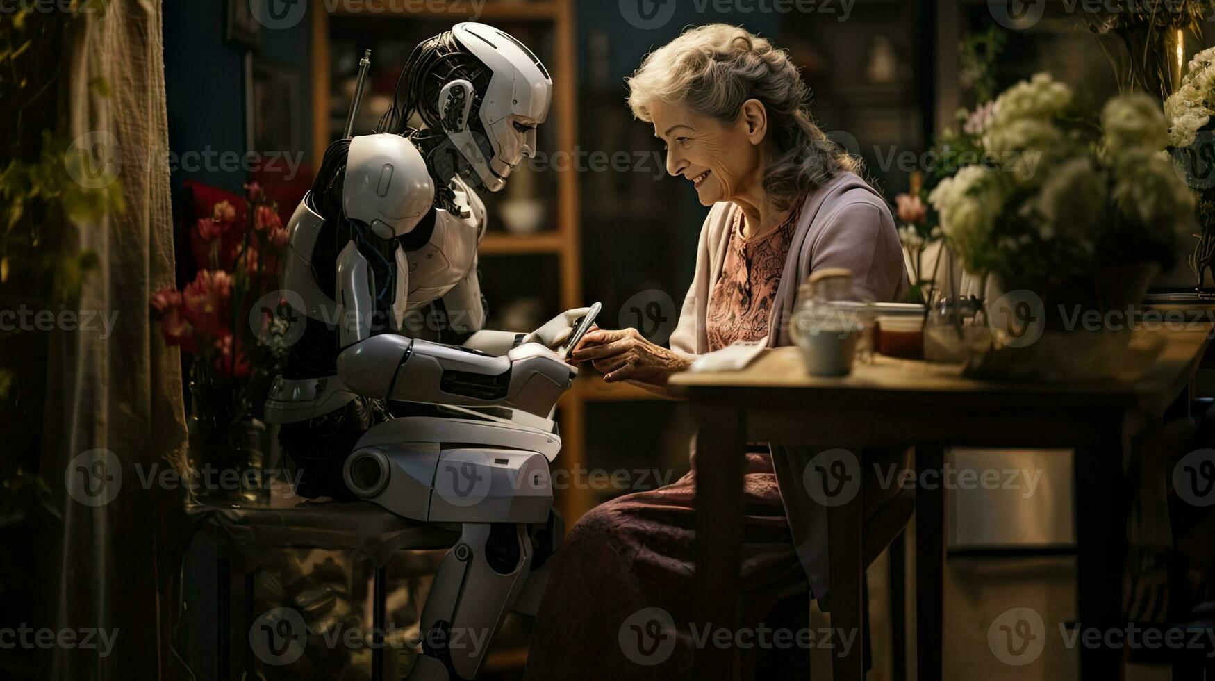 sida se av senior kvinna med robot medan Sammanträde på de tabell, eras förbi henne robot tjänare. foto