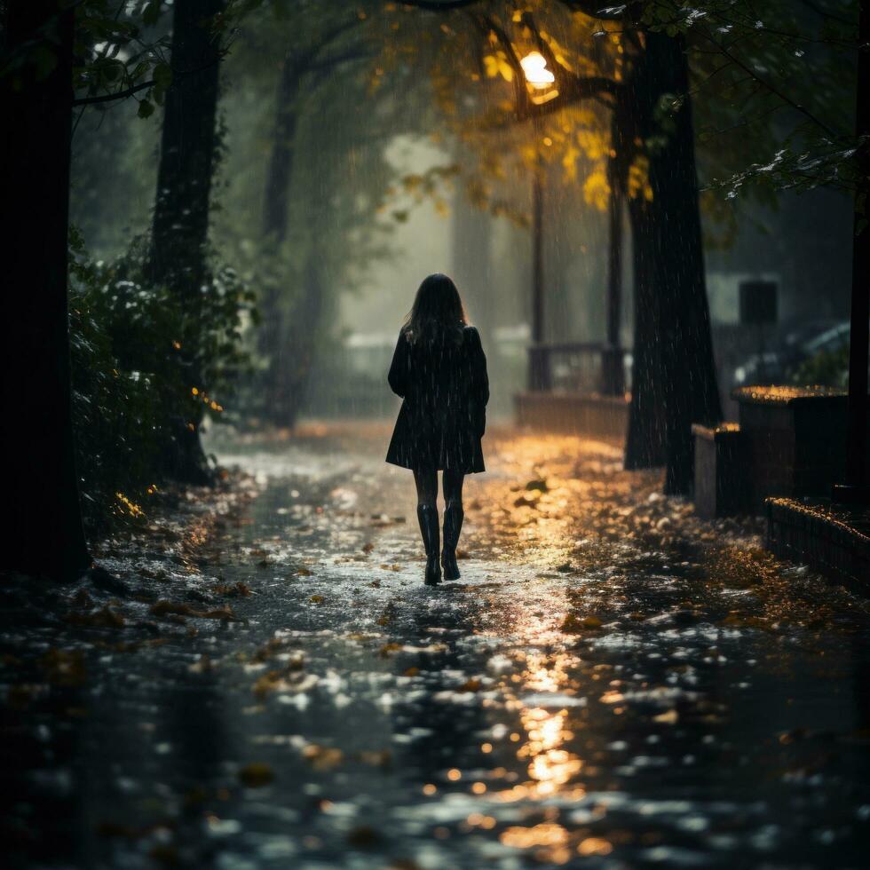 kvinna gående ensam i de regn foto