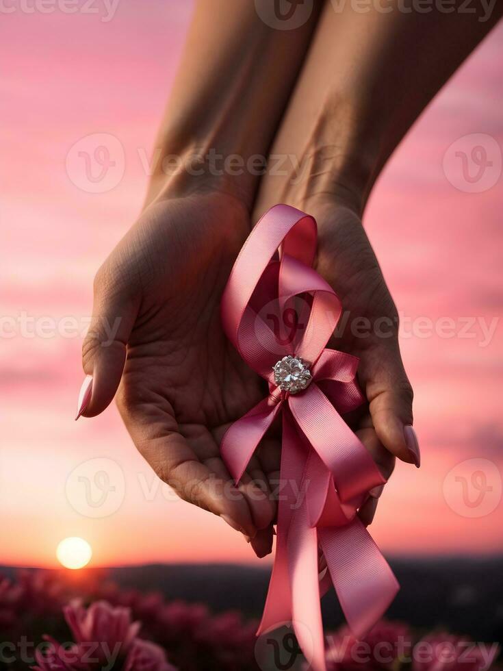 en kvinna hand innehav en rosa band med en bakgrund av rosa himmel foto