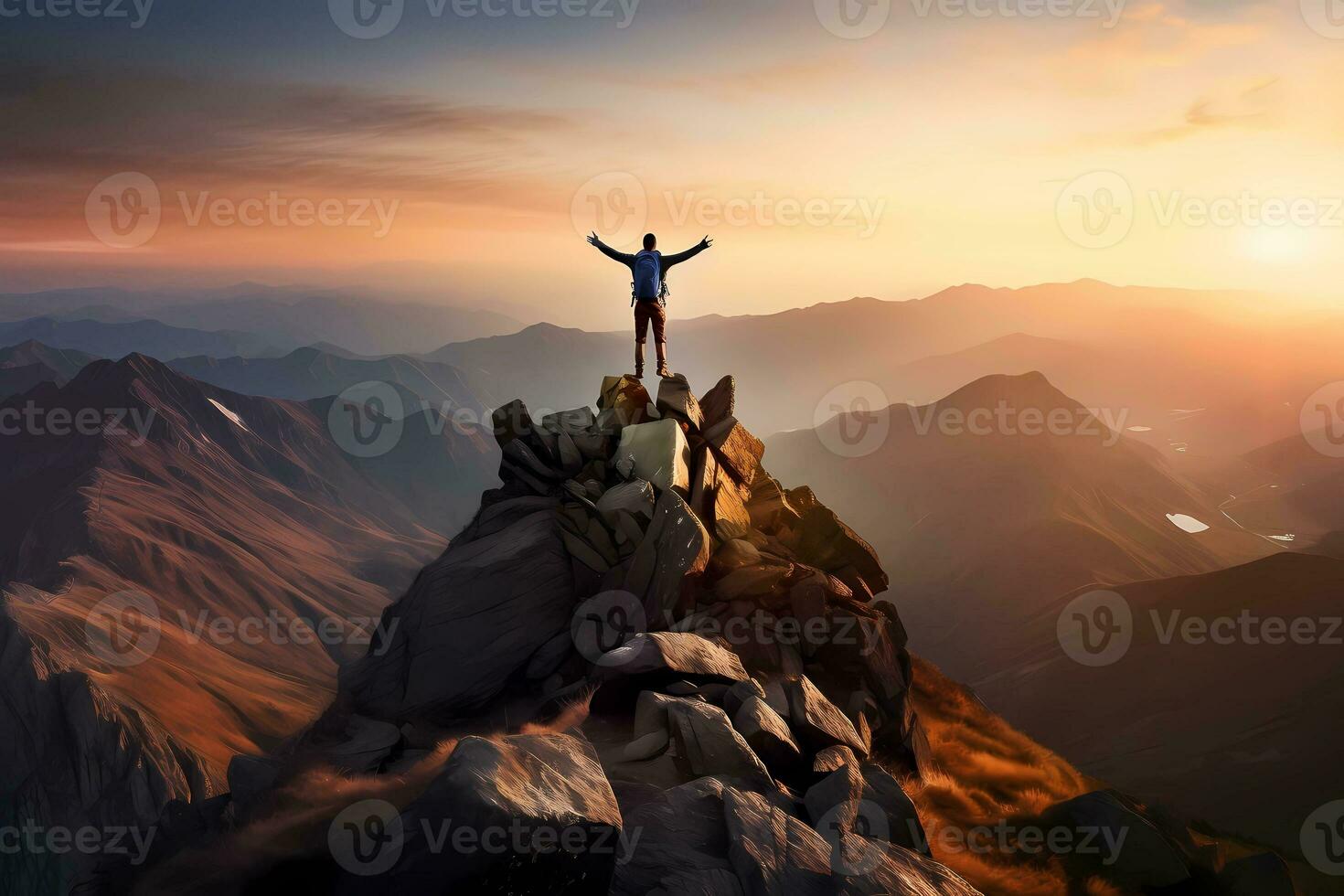 man stående på topp av en klippa på solnedgång med solljus tittar på de skön berg. prestation Framgång begrepp. ai genererad foto