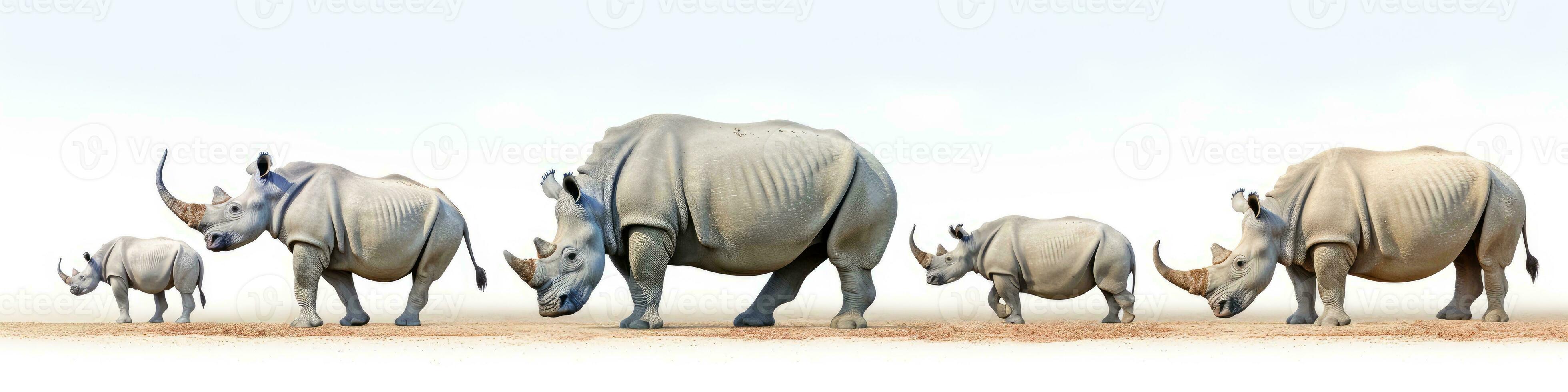 samling av rhinos isolerat på vit bakgrund. vilda djur och växter safari baner. ai generativ foto
