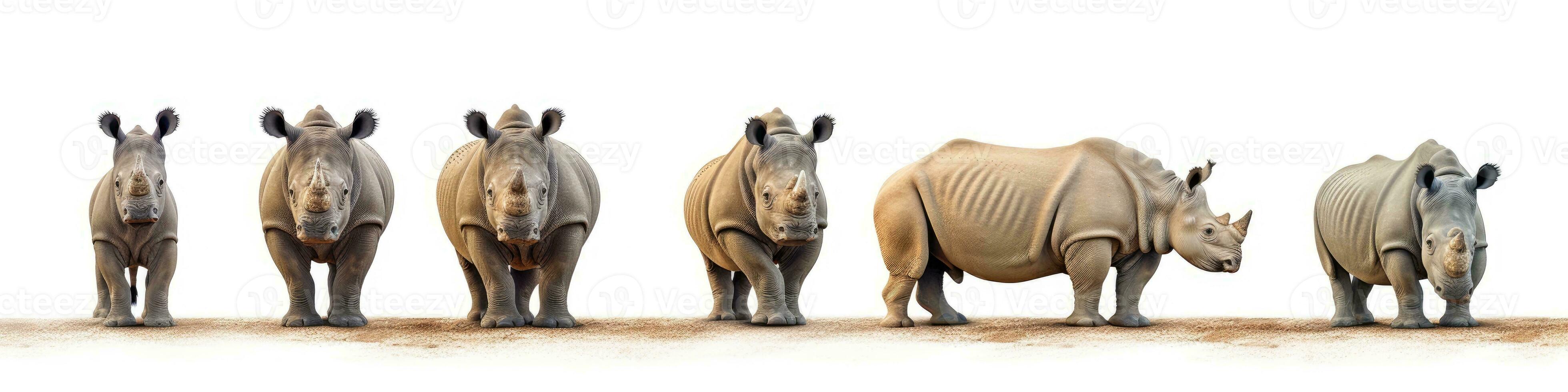 samling av rhinos isolerat på vit bakgrund. vilda djur och växter safari baner. ai generativ foto