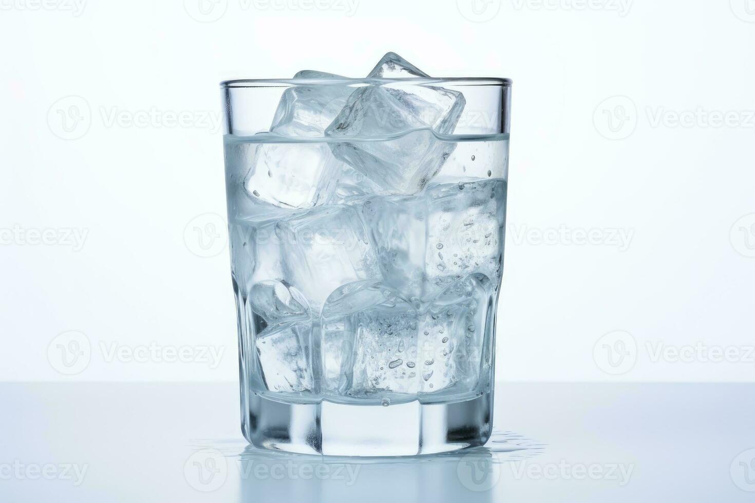 glas med ren vatten och is på en vit bakgrund. ai generativ foto
