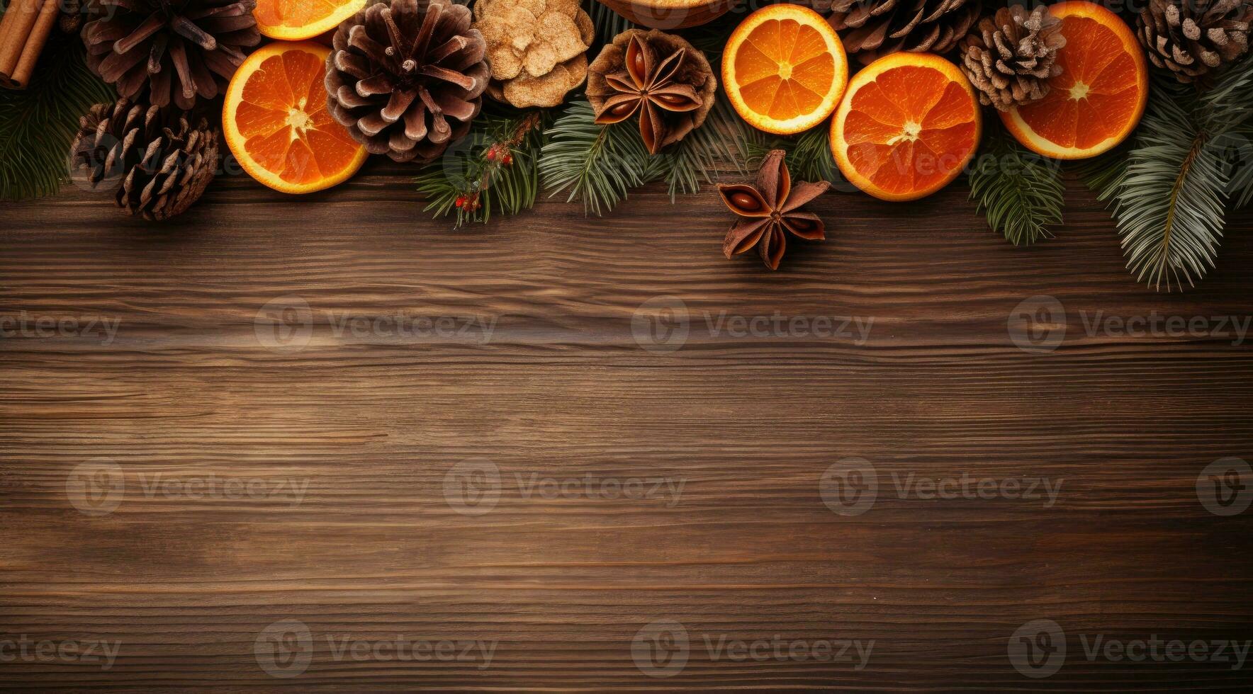 festlig jul dekorationer av kanel, tall koner och apelsiner på en trä- tabell. ai generativ foto