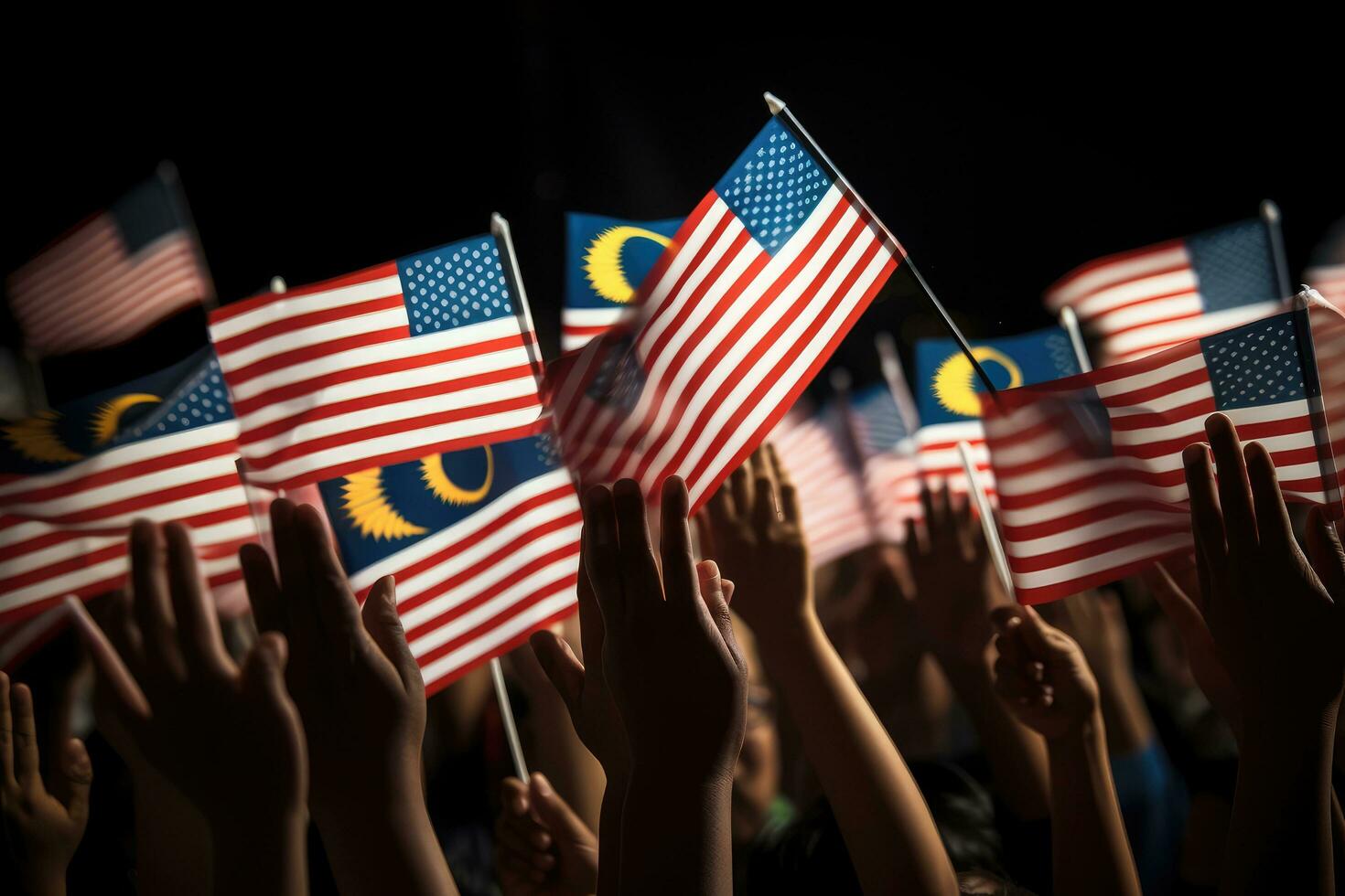 många händer med amerikan flaggor på svart bakgrund, närbild. val begrepp, hand vinka malaysia flagga också känd som jalur gemilang i samband, ai genererad foto