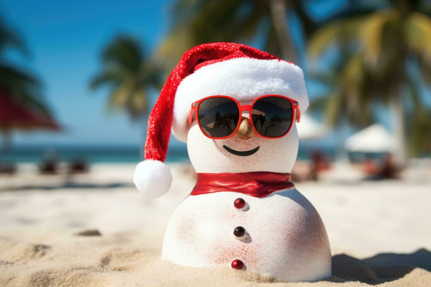 snögubbe bär röd solglasögon och santa hatt på tropisk strand, Lycklig sandig snögubbe med solglasögon och santa hatt på solig jul dag eftermiddag, ai genererad foto
