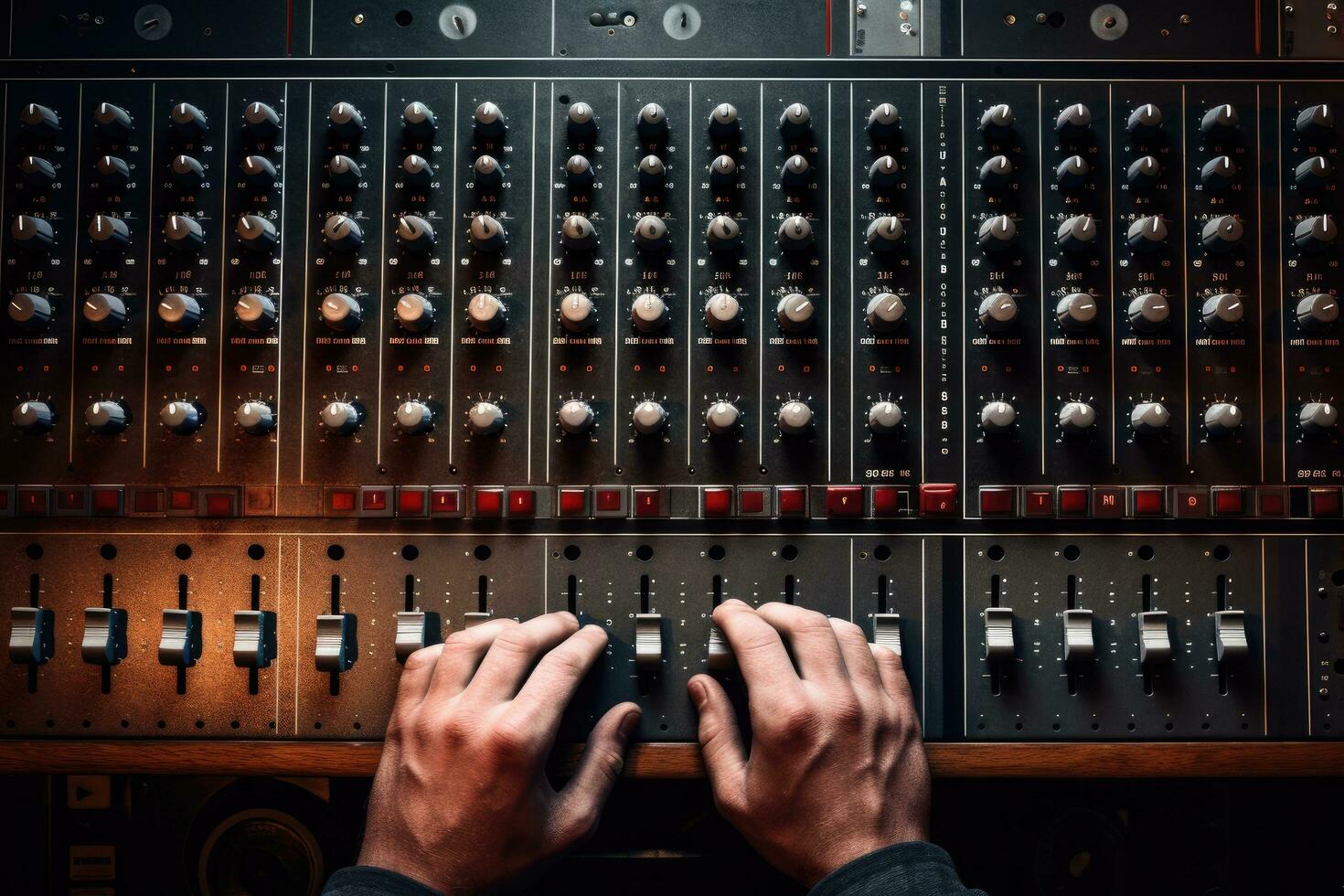 stänga upp av ljud ingenjör händer arbetssätt på blandning trösta i inspelning studio, hand på en ljud mixer station, topp se, ai genererad foto
