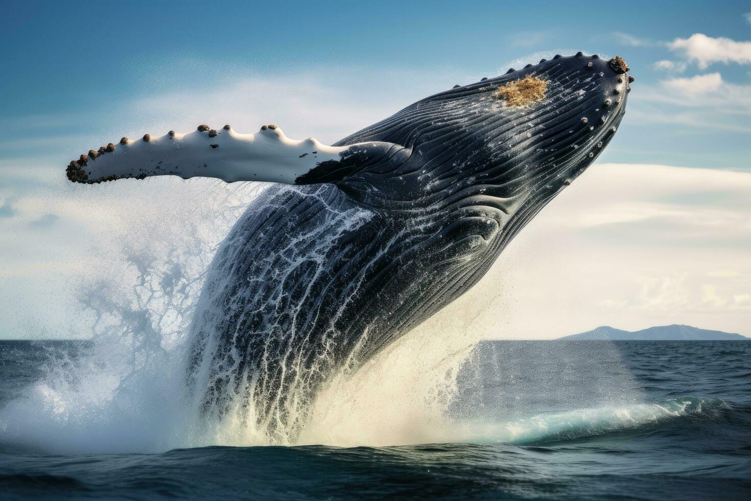 puckelrygg val stänk i de pacific hav, alaska, puckelrygg val Hoppar ut av de vatten, ai genererad foto