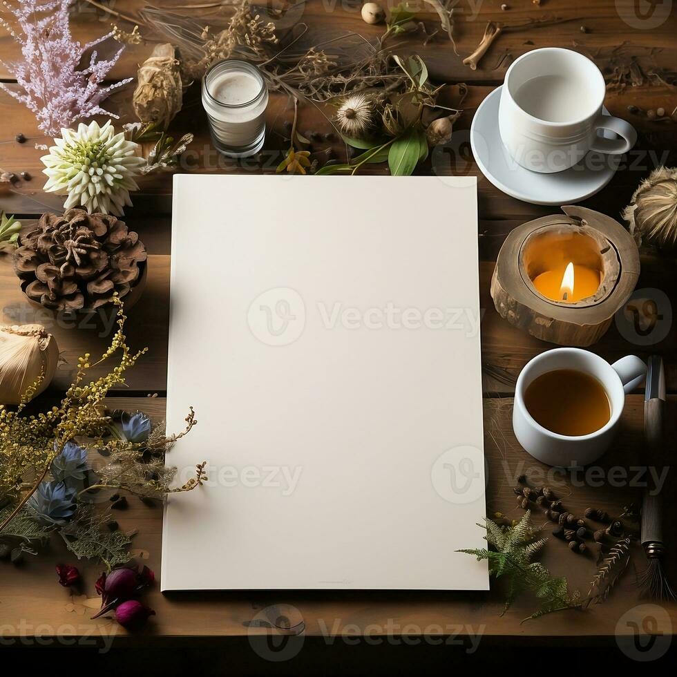 enkel tom papper attrapp på tabell med löv och blommor bakgrund, bra till använda sig av för företag, kort, blogg, hemsida, företag, skriva ut etc. ai generativ begrepp foto